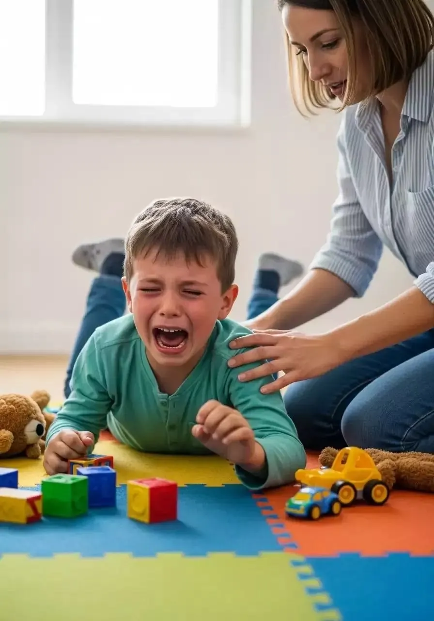 Criança chorando no chão enquanto a mãe a acolhe durante uma crise
